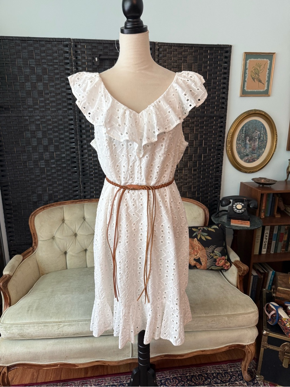 🤍 DKNY Ivory Eyelet Ruffle Dress Size 14 Cotton Sleeveless V-Neck Midi